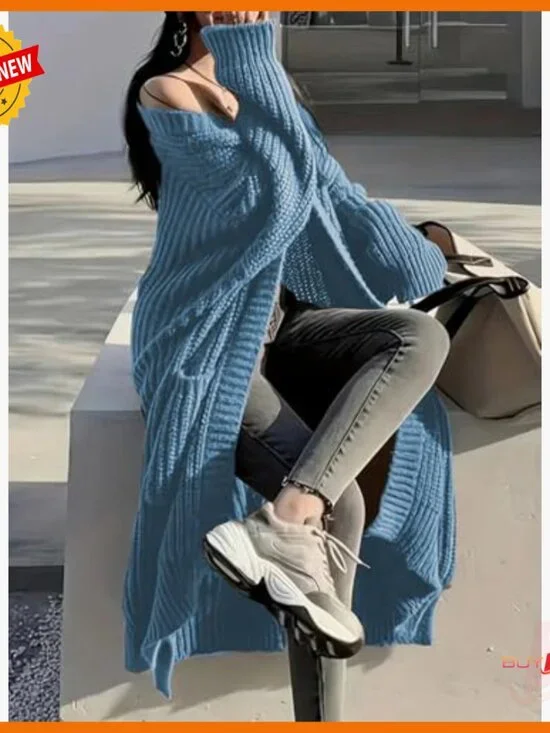 Oversized Cable Knit Cardigan Duster with Pockets Long Sleeve - Picture 4 of 7